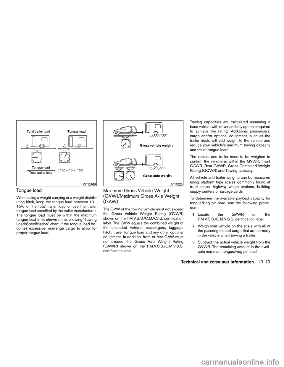 INFINITI QX60 2017  Owners Manual Tongue load
When using a weight carrying or a weight distrib-
uting hitch, keep the tongue load between 10 -
15% of the total trailer load or use the trailer
tongue load specified by the trailer manuf