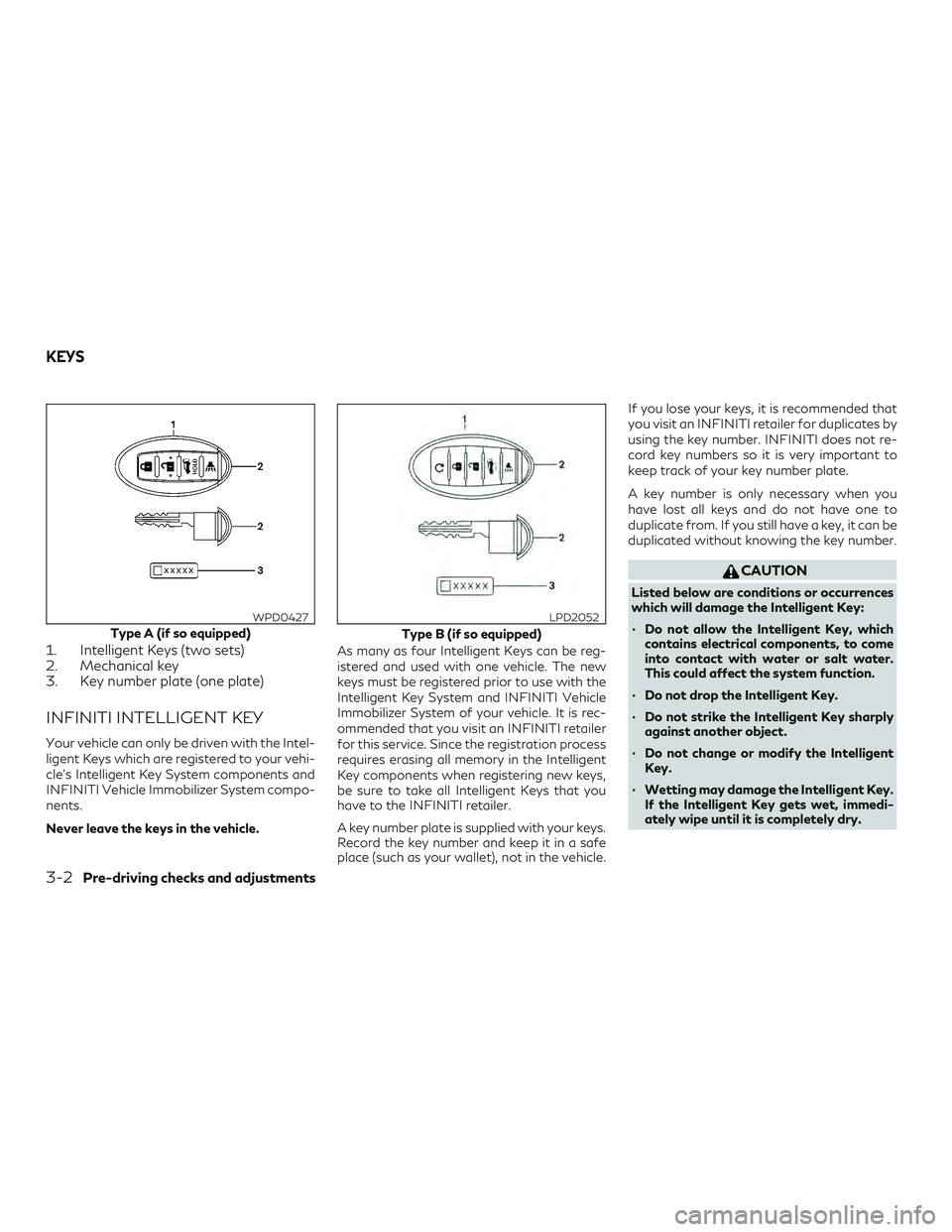 INFINITI QX60 2018  Owners Manual 1. Intelligent Keys (two sets)
2. Mechanical key
3. Key number plate (one plate)
INFINITI INTELLIGENT KEY
Your vehicle can only be driven with the Intel-
ligent Keys which are registered to your vehi-