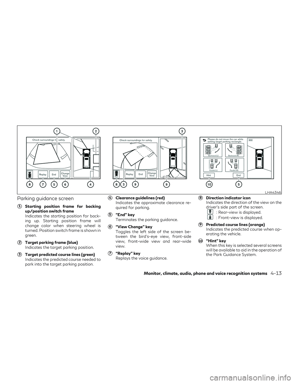 INFINITI QX60 2018  Owners Manual Parking guidance screen
1Starting position frame for backing
up/position switch frame
Indicates the starting position for back-
ing up. Starting position frame will
change color when steering wheel i