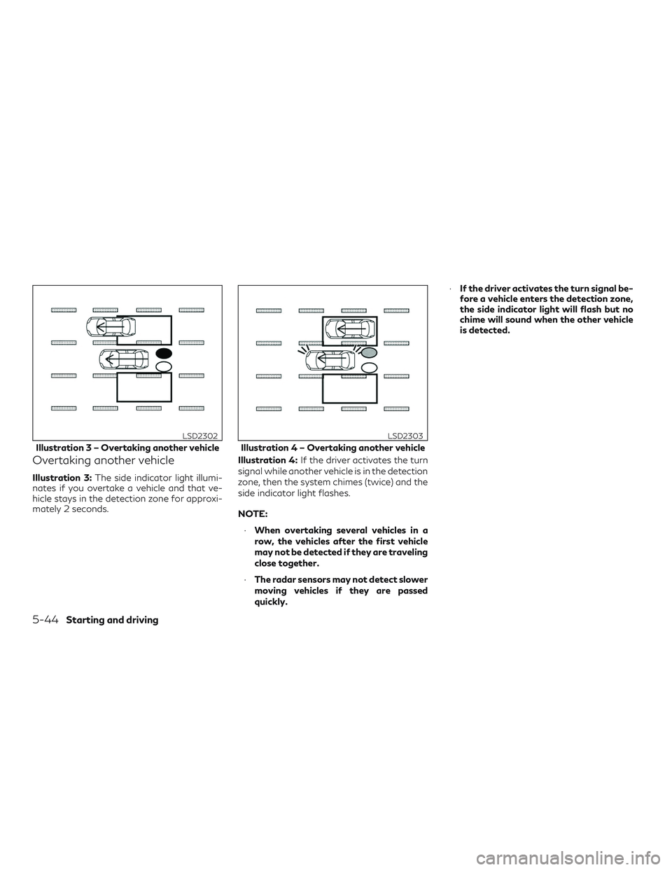 INFINITI QX60 2018 Owners Manual Overtaking another vehicle
Illustration 3:The side indicator light illumi-
nates if you overtake a vehicle and that ve-
hicle stays in the detection zone for approxi-
mately 2 seconds. Illustration 4: INFINITI QX60 2018 Owners Manual Overtaking another vehicle
Illustration 3:The side indicator light illumi-
nates if you overtake a vehicle and that ve-
hicle stays in the detection zone for approxi-
mately 2 seconds. Illustration 4: