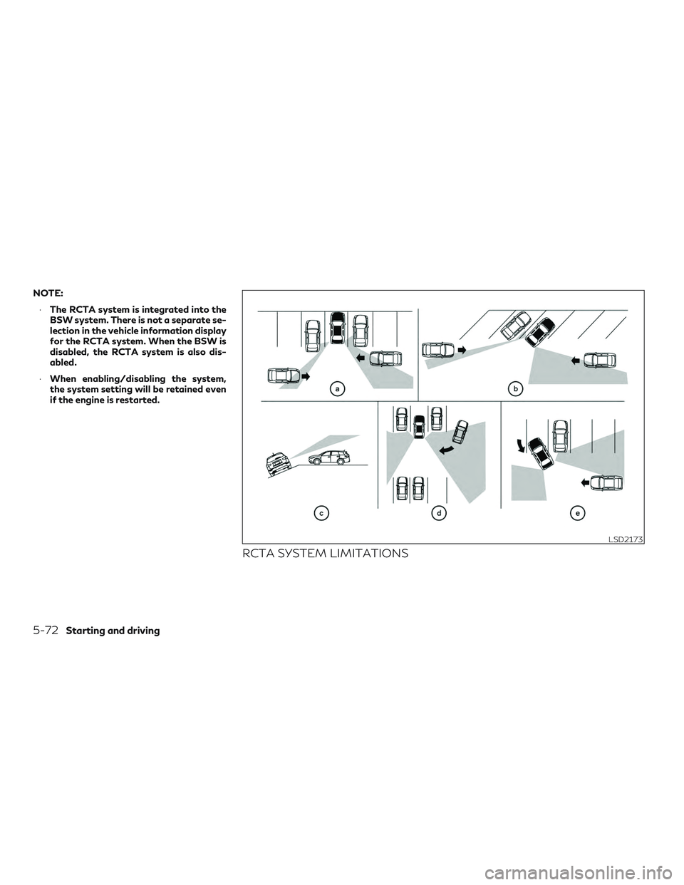 INFINITI QX60 2018  Owners Manual NOTE:∙ The RCTA system is integrated into the
BSW system. There is not a separate se-
lection in the vehicle information display
for the RCTA system. When the BSW is
disabled, the RCTA system is als