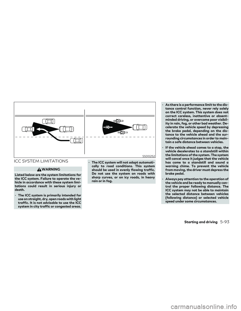INFINITI QX60 2018 Service Manual ICC SYSTEM LIMITATIONS
WARNING
Listed below are the system limitations for
the ICC system. Failure to operate the ve-
hicle in accordance with these system limi-
tations could result in serious injury