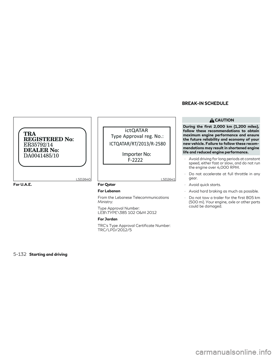 INFINITI QX60 2018  Owners Manual For U.A.E.For Qatar
For Lebanon
From the Lebanese Telecommunications
Ministry:
Type Approval Number:
LEB\TYPE\ 102 O&M 2012
For Jordan
TRC’s Type Approval Certificate Number:
TRC/LPD/2012/5
CAUTION
