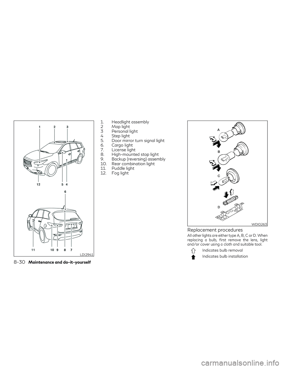 INFINITI QX60 2018  Owners Manual 1. Headlight assembly
2 Map light
3 Personal light
4 Step light
5. Door mirror turn signal light
6. Cargo light
7. License light
8. High-mounted stop light
9. Backup (reversing) assembly
10. Rear comb