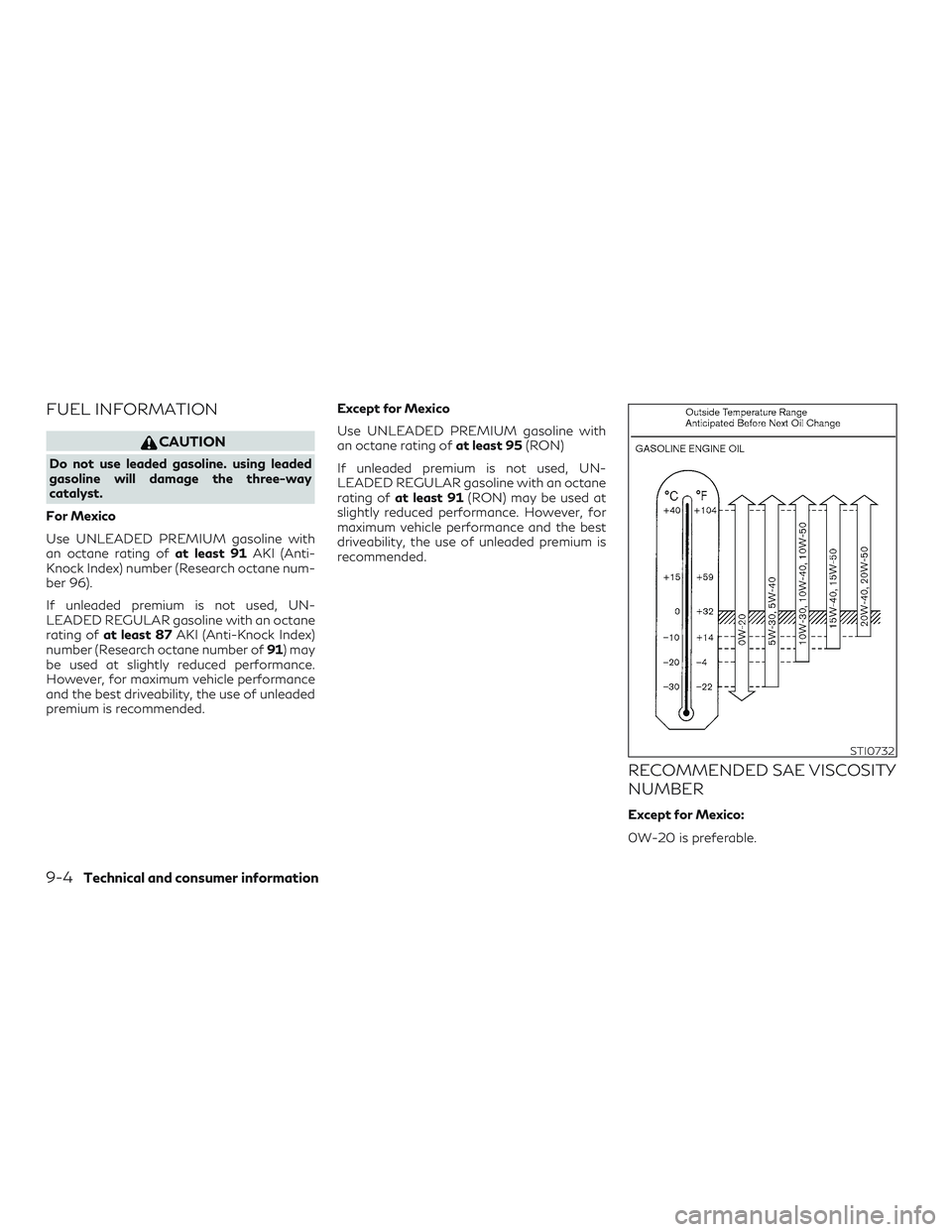 INFINITI QX60 2018 Owners Manual FUEL INFORMATION
CAUTION
Do not use leaded gasoline. using leaded
gasoline will damage the three-way
catalyst.
For Mexico
Use UNLEADED PREMIUM gasoline with
an octane rating of at least 91AKI (Anti-
K INFINITI QX60 2018 Owners Manual FUEL INFORMATION
CAUTION
Do not use leaded gasoline. using leaded
gasoline will damage the three-way
catalyst.
For Mexico
Use UNLEADED PREMIUM gasoline with
an octane rating of at least 91AKI (Anti-
K