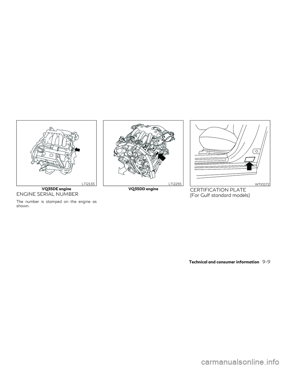 INFINITI QX60 2018  Owners Manual ENGINE SERIAL NUMBER
The number is stamped on the engine as
shown.
CERTIFICATION PLATE
(For Gulf standard models)VQ35DE engine
LTI2133
VQ35DD engine
LTI2255WTI0172
Technical and consumer information9-
