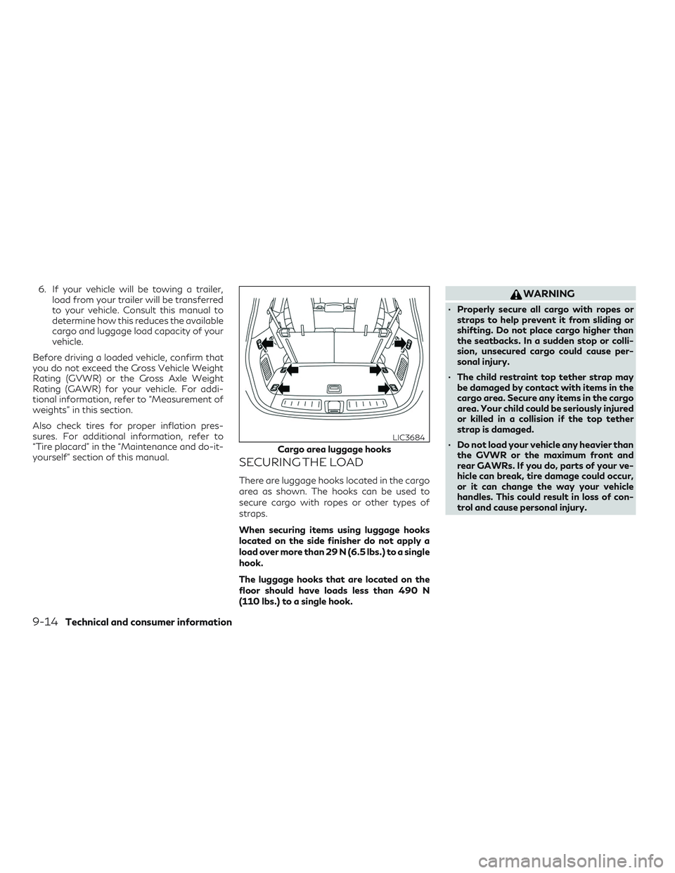 INFINITI QX60 2018  Owners Manual 6. If your vehicle will be towing a trailer,load from your trailer will be transferred
to your vehicle. Consult this manual to
determine how this reduces the available
cargo and luggage load capacity 