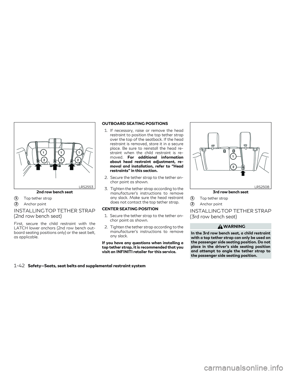 INFINITI QX60 2018 Workshop Manual 1Top tether strap
2Anchor point
INSTALLING TOP TETHER STRAP
(2nd row bench seat)
First, secure the child restraint with the
LATCH lower anchors (2nd row bench out-
board seating positions only) or t