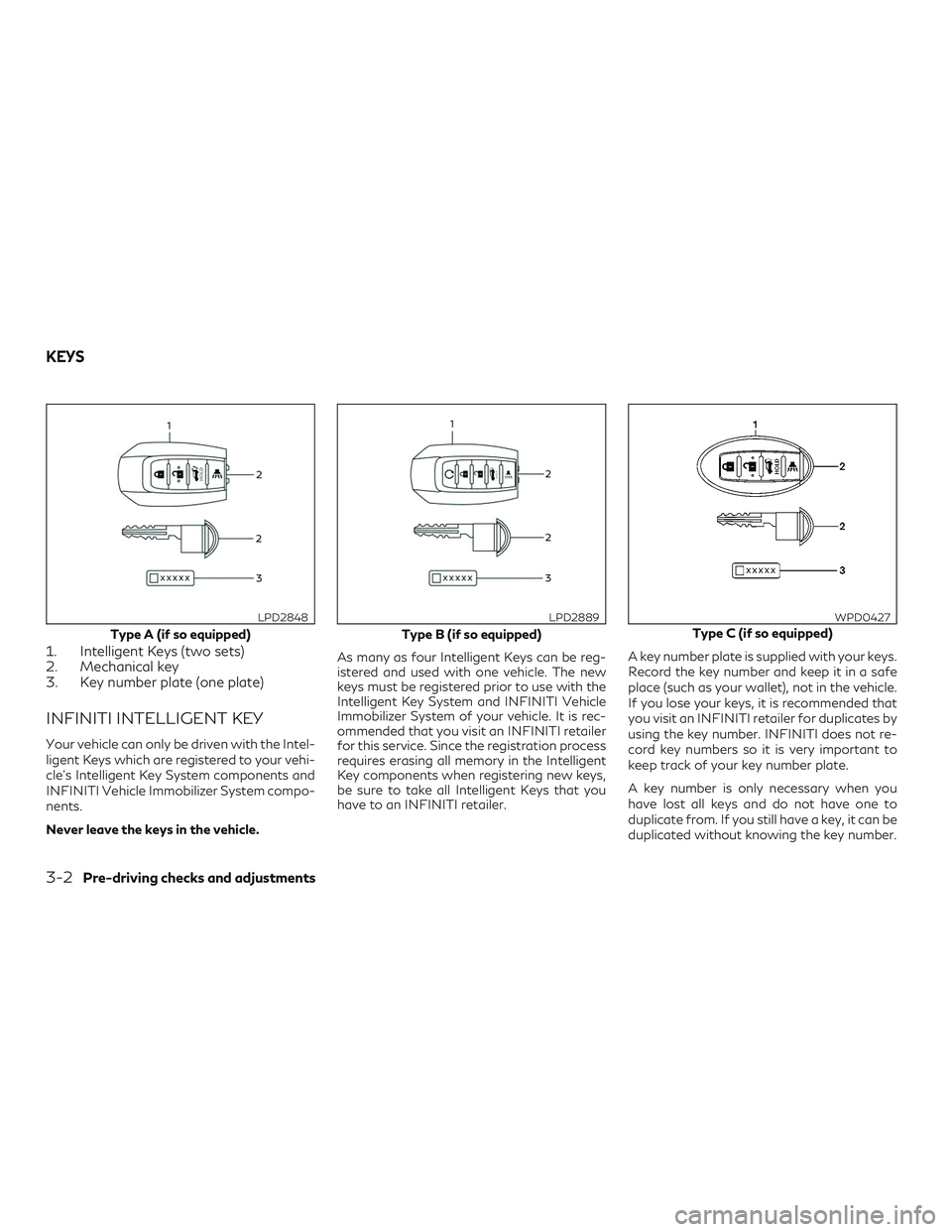 INFINITI QX60 2019  Owners Manual 1. Intelligent Keys (two sets)
2. Mechanical key
3. Key number plate (one plate)
INFINITI INTELLIGENT KEY
Your vehicle can only be driven with the Intel-
ligent Keys which are registered to your vehi-