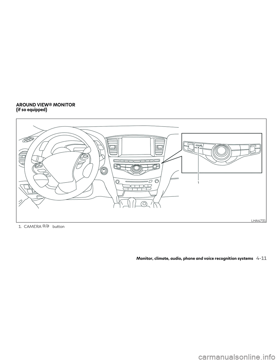 INFINITI QX60 2019  Owners Manual 1. CAMERAbutton
LHA4731
AROUND VIEW® MONITOR
(if so equipped)
Monitor, climate, audio, phone and voice recognition systems4-11 