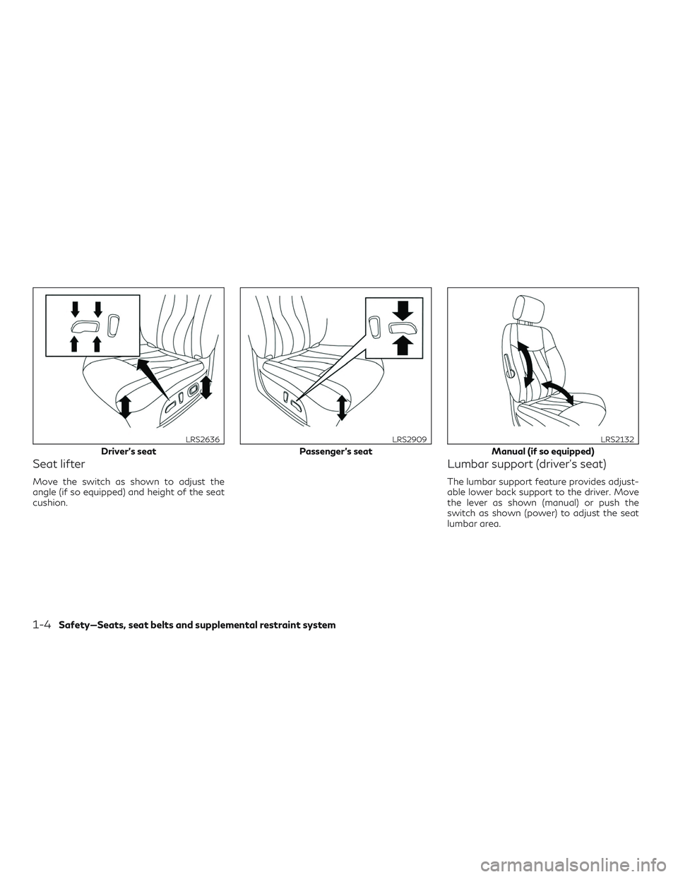 INFINITI QX60 2019 Owners Manual Seat lifter
Move the switch as shown to adjust the
angle (if so equipped) and height of the seat
cushion.
Lumbar support (driver’s seat)
The lumbar support feature provides adjust-
able lower back s