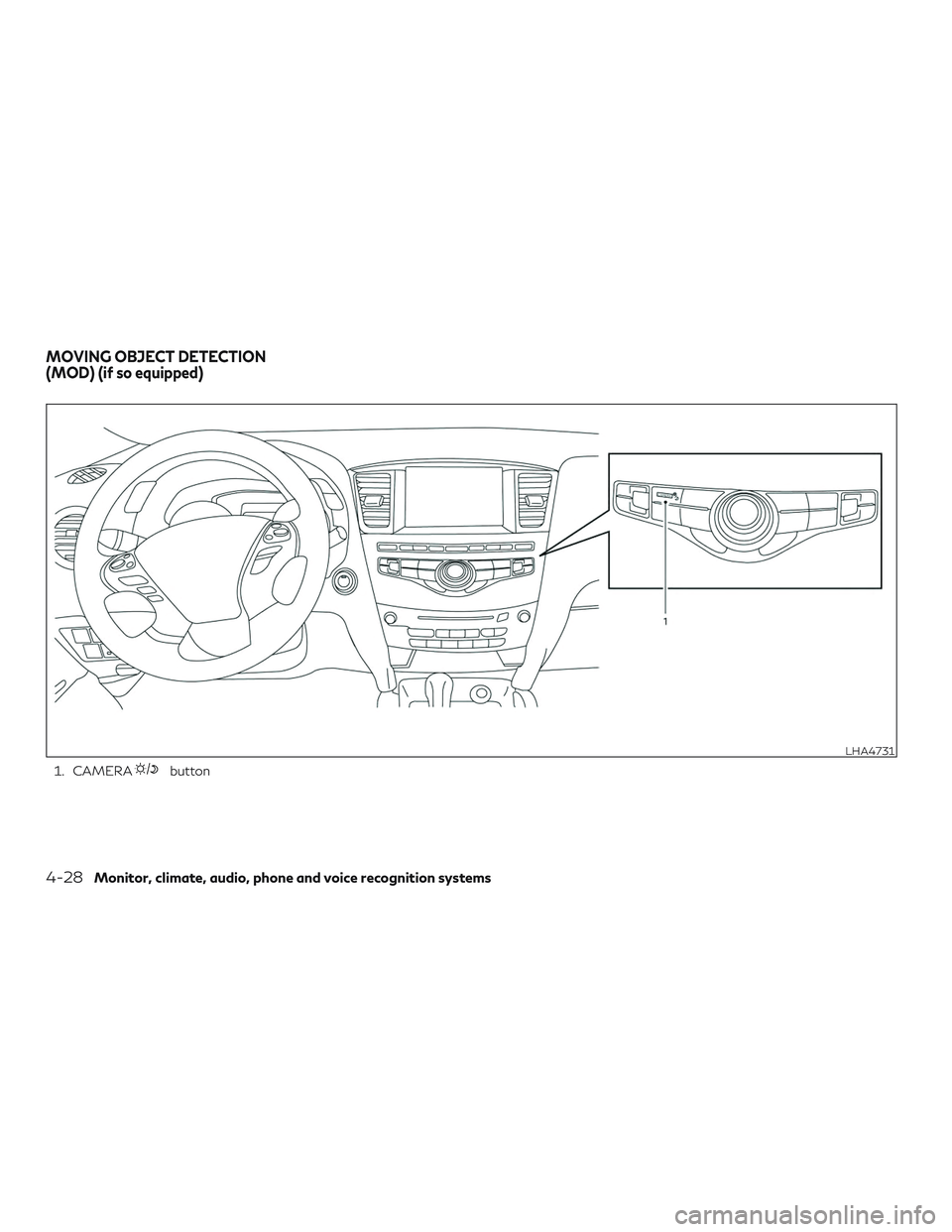 INFINITI QX60 2019  Owners Manual 1. CAMERAbutton
LHA4731
MOVING OBJECT DETECTION
(MOD) (if so equipped)
4-28Monitor, climate, audio, phone and voice recognition systems 
