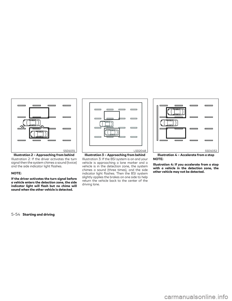 INFINITI QX60 2019 Owners Guide Illustration 2: If the driver activates the turn
signal then the system chimes a sound (twice)
and the side indicator light flashes.
NOTE:
If the driver activates the turn signal before
a vehicle ente INFINITI QX60 2019 Owners Guide Illustration 2: If the driver activates the turn
signal then the system chimes a sound (twice)
and the side indicator light flashes.
NOTE:
If the driver activates the turn signal before
a vehicle ente