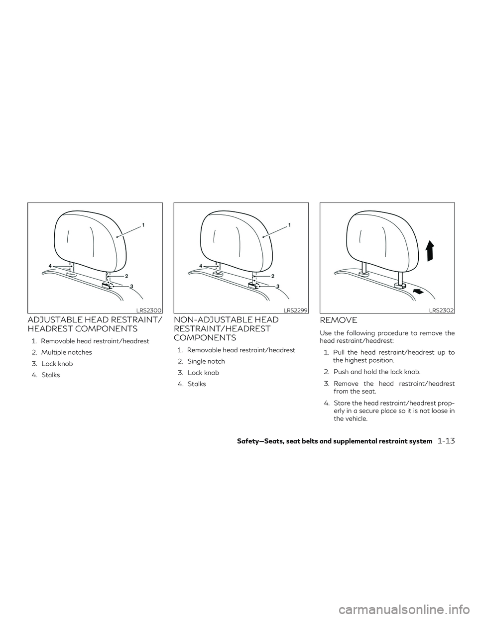 INFINITI QX60 2019 Owners Guide ADJUSTABLE HEAD RESTRAINT/
HEADREST COMPONENTS
1. Removable head restraint/headrest
2. Multiple notches
3. Lock knob
4. Stalks
NON-ADJUSTABLE HEAD
RESTRAINT/HEADREST
COMPONENTS
1. Removable head restr