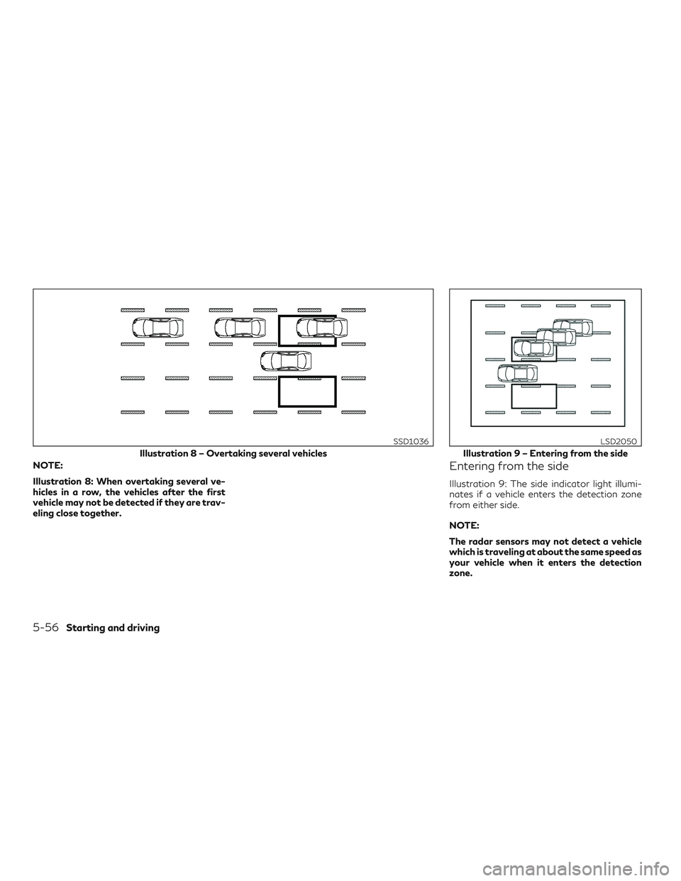 INFINITI QX60 2019 Service Manual NOTE:
Illustration 8: When overtaking several ve-
hicles in a row, the vehicles after the first
vehicle may not be detected if they are trav-
eling close together.Entering from the side
Illustration 9 INFINITI QX60 2019 Service Manual NOTE:
Illustration 8: When overtaking several ve-
hicles in a row, the vehicles after the first
vehicle may not be detected if they are trav-
eling close together.Entering from the side
Illustration 9