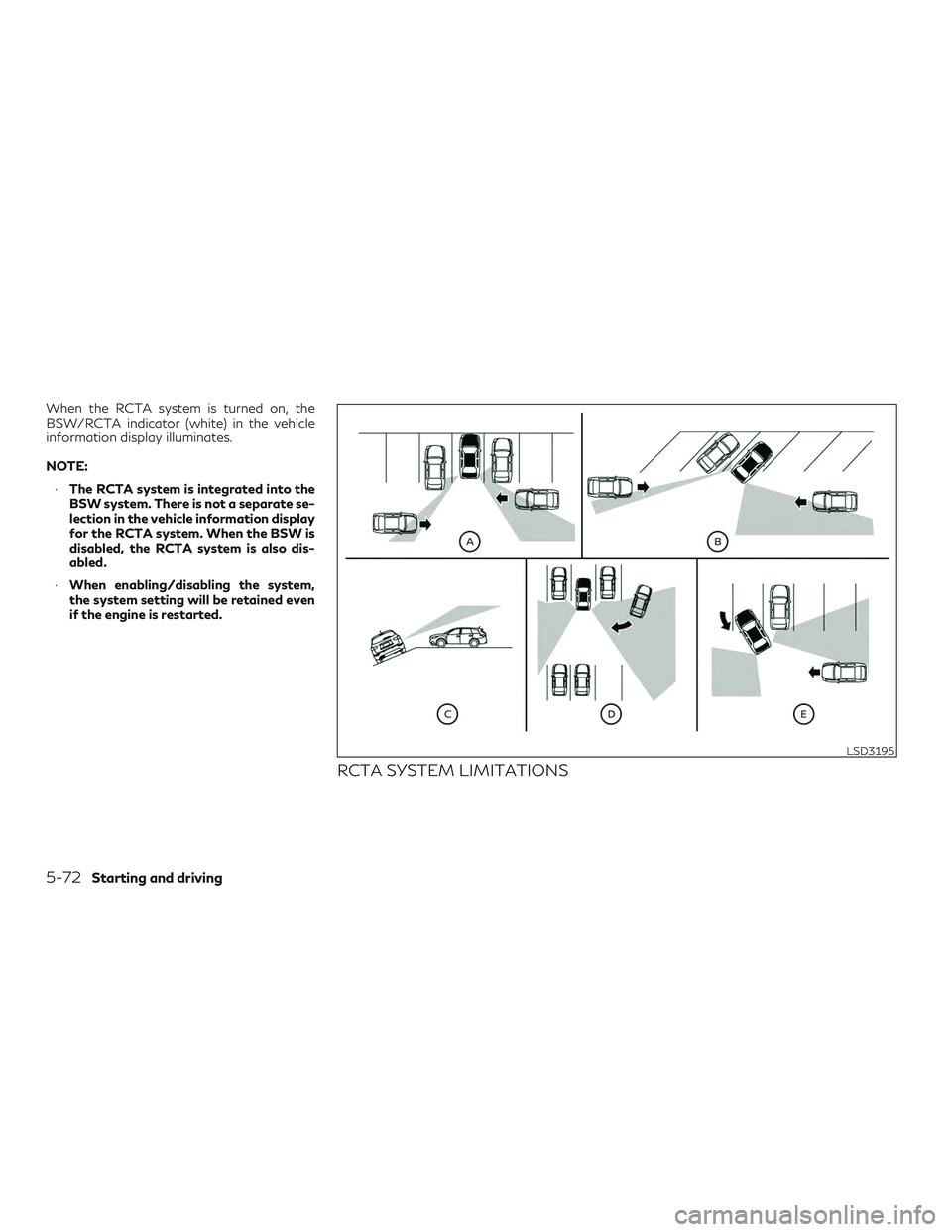 INFINITI QX60 2019  Owners Manual When the RCTA system is turned on, the
BSW/RCTA indicator (white) in the vehicle
information display illuminates.
NOTE:∙ The RCTA system is integrated into the
BSW system. There is not a separate se