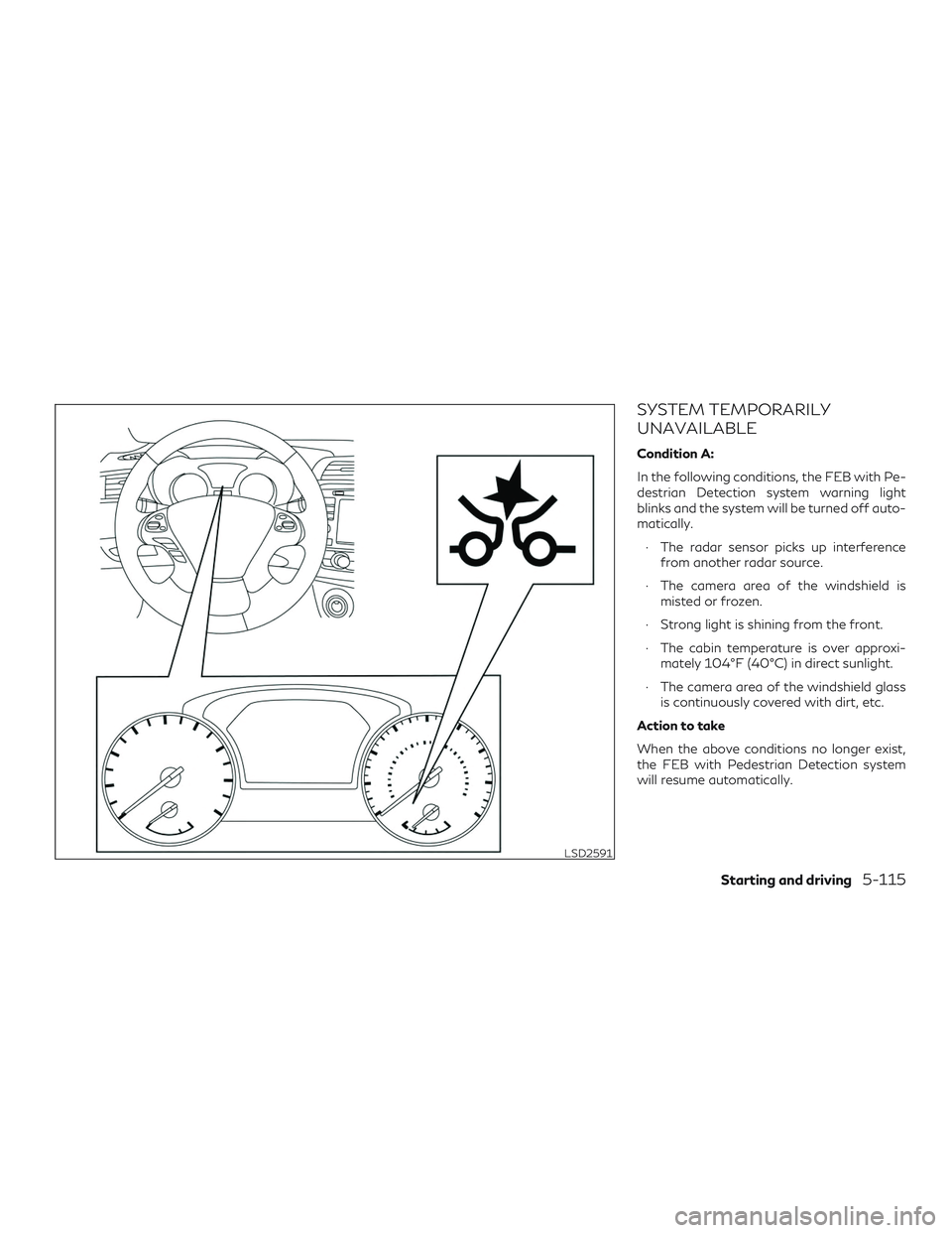 INFINITI QX60 2019 Manual PDF SYSTEM TEMPORARILY
UNAVAILABLE
Condition A:
In the following conditions, the FEB with Pe-
destrian Detection system warning light
blinks and the system will be turned off auto-
matically.∙ The radar