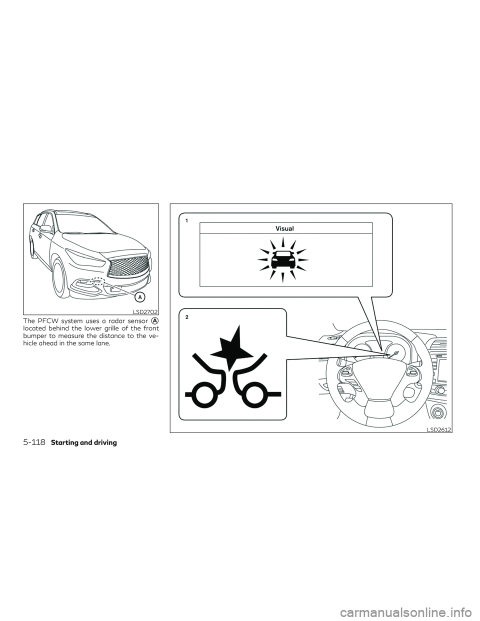 INFINITI QX60 2019 Owners Manual The PFCW system uses a radar sensorA
located behind the lower grille of the front
bumper to measure the distance to the ve-
hicle ahead in the same lane.
LSD2702
LSD2612
5-118Starting and driving 