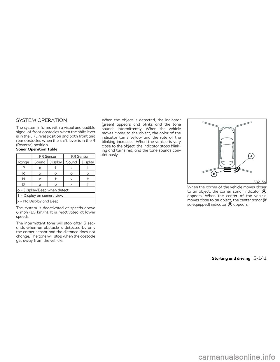 INFINITI QX60 2019 Repair Manual SYSTEM OPERATION
The system informs with a visual and audible
signal of front obstacles when the shift lever
is in the D (Drive) position and both front and
rear obstacles when the shift lever is in t INFINITI QX60 2019 Repair Manual SYSTEM OPERATION
The system informs with a visual and audible
signal of front obstacles when the shift lever
is in the D (Drive) position and both front and
rear obstacles when the shift lever is in t