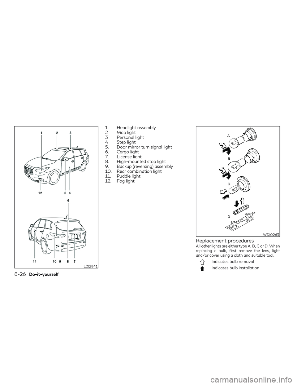 INFINITI QX60 2019  Owners Manual 1. Headlight assembly
2 Map light
3 Personal light
4 Step light
5. Door mirror turn signal light
6. Cargo light
7. License light
8. High-mounted stop light
9. Backup (reversing) assembly
10. Rear comb
