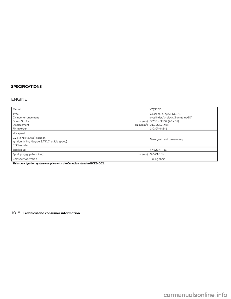 INFINITI QX60 2019  Owners Manual ENGINE
ModelVQ35DD
Type Gasoline, 4-cycle, DOHC
Cylinder arrangement 6-cylinder, V-block, Slanted at 60°
Bore x Stroke in (mm) 3.780 x 3.189 (96 x 81)
Displacement cu in (cm
3) 213.45 (3,498)
Firing 