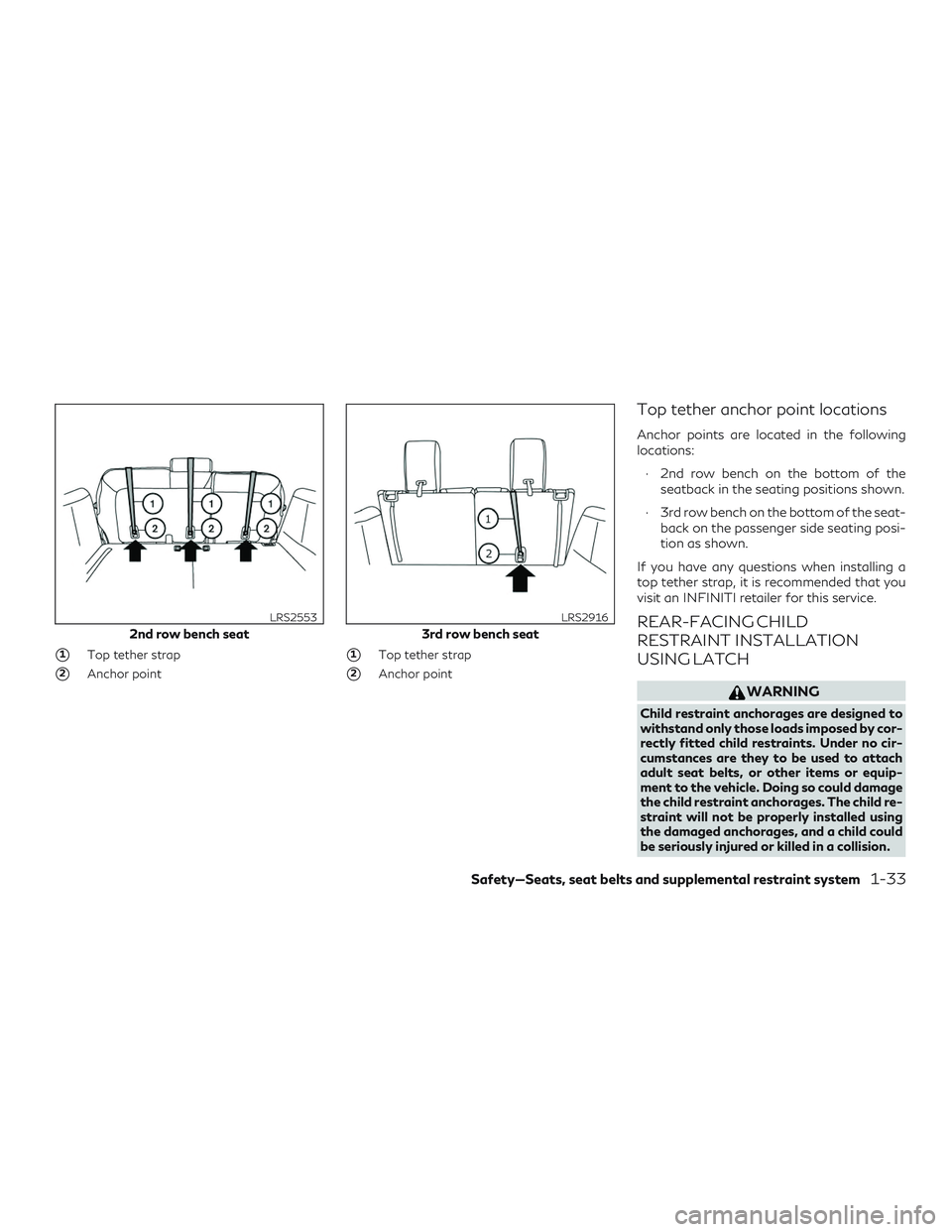 INFINITI QX60 2019 Workshop Manual 1Top tether strap
2Anchor point
1Top tether strap
2Anchor point
Top tether anchor point locations
Anchor points are located in the following
locations:∙ 2nd row bench on the bottom of the seatba
