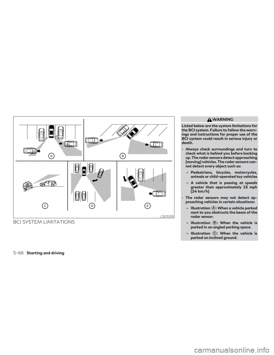 INFINITI QX60 2020 Service Manual BCI SYSTEM LIMITATIONS
WARNING
Listed below are the system limitations for
the BCI system. Failure to follow the warn-
ings and instructions for proper use of the
BCI system could result in serious in
