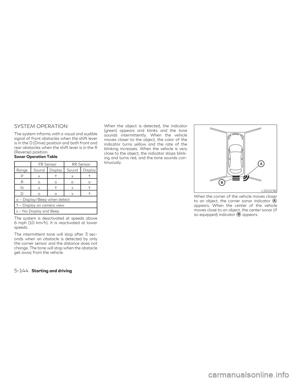 INFINITI QX60 2020 Manual Online SYSTEM OPERATION
The system informs with a visual and audible
signal of front obstacles when the shift lever
is in the D (Drive) position and both front and
rear obstacles when the shift lever is in t