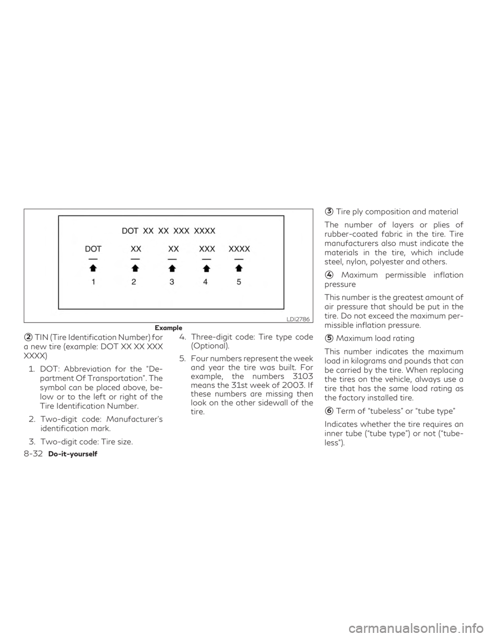 INFINITI QX60 2020 User Guide 2TIN (Tire Identification Number) for
a new tire (example: DOT XX XX XXX
XXXX)
1. DOT: Abbreviation for the “De- partment Of Transportation”. The
symbol can be placed above, be-
low or to the lef
