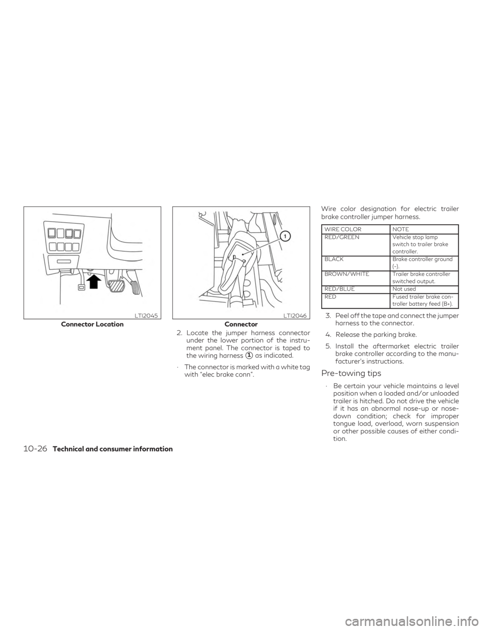 INFINITI QX60 2020  Owners Manual 2. Locate the jumper harness connectorunder the lower portion of the instru-
ment panel. The connector is taped to
the wiring harness
1as indicated.
∙ The connector is marked with a white tag with 