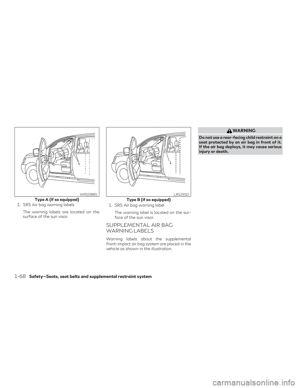 INFINITI QX60 2020 Manual Online 1. SRS Air bag warning labelsThe warning labels are located on the
surface of the sun visor. 1. SRS Air bag warning label
The warning label is located on the sur-
face of the sun visor.
SUPPLEMENTAL A INFINITI QX60 2020 Manual Online 1. SRS Air bag warning labelsThe warning labels are located on the
surface of the sun visor. 1. SRS Air bag warning label
The warning label is located on the sur-
face of the sun visor.
SUPPLEMENTAL A