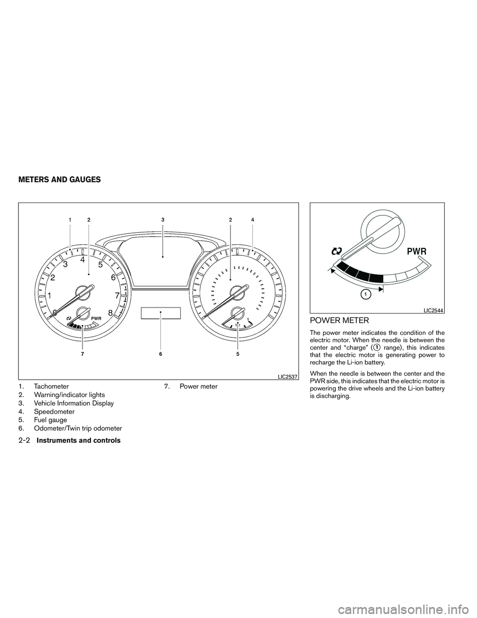 INFINITI QX60-HYBRID 2014 Owners Guide 1. Tachometer
2. Warning/indicator lights
3. Vehicle Information Display
4. Speedometer
5. Fuel gauge
6. Odometer/Twin trip odometer7. Power meter
POWER METER
The power meter indicates the condition o INFINITI QX60-HYBRID 2014 Owners Guide 1. Tachometer
2. Warning/indicator lights
3. Vehicle Information Display
4. Speedometer
5. Fuel gauge
6. Odometer/Twin trip odometer7. Power meter
POWER METER
The power meter indicates the condition o