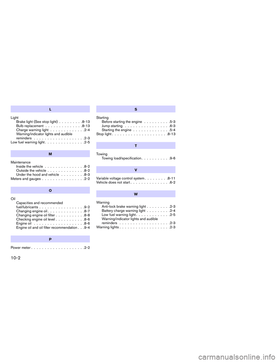 INFINITI QX60-HYBRID 2014  Owners Manual L
Light Brakelight(Seestoplight).........8-13
Bulb replacement ..............8-13
Chargewarninglight.............2-4
Warning/indicator lights and audible
reminders ...................2-3
Lowfuelwarnin