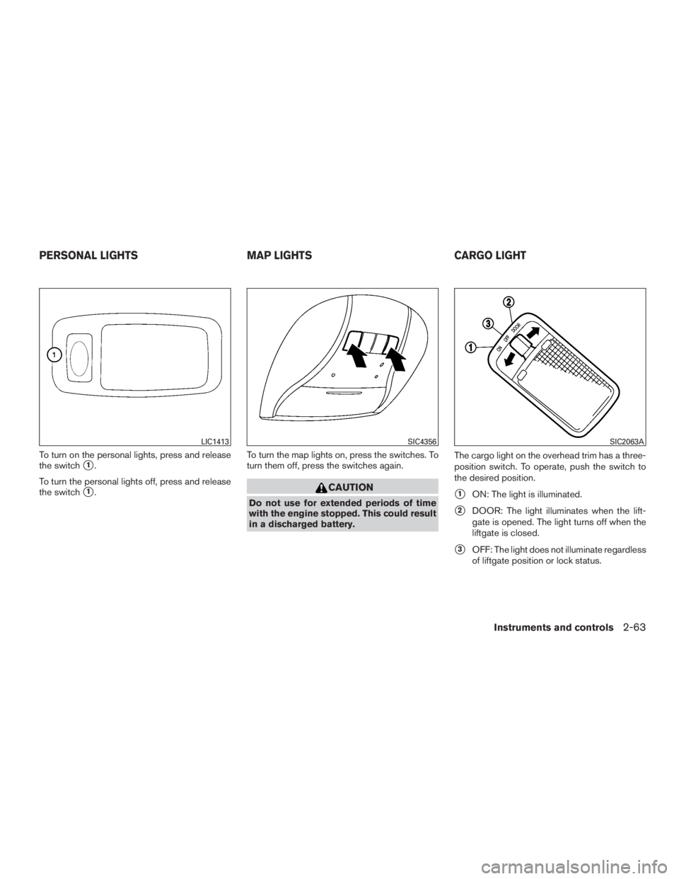 INFINITI QX60-HYBRID 2015 Service Manual To turn on the personal lights, press and release
the switch
1.
To turn the personal lights off, press and release
the switch
1. To turn the map lights on, press the switches. To
turn them off, pres