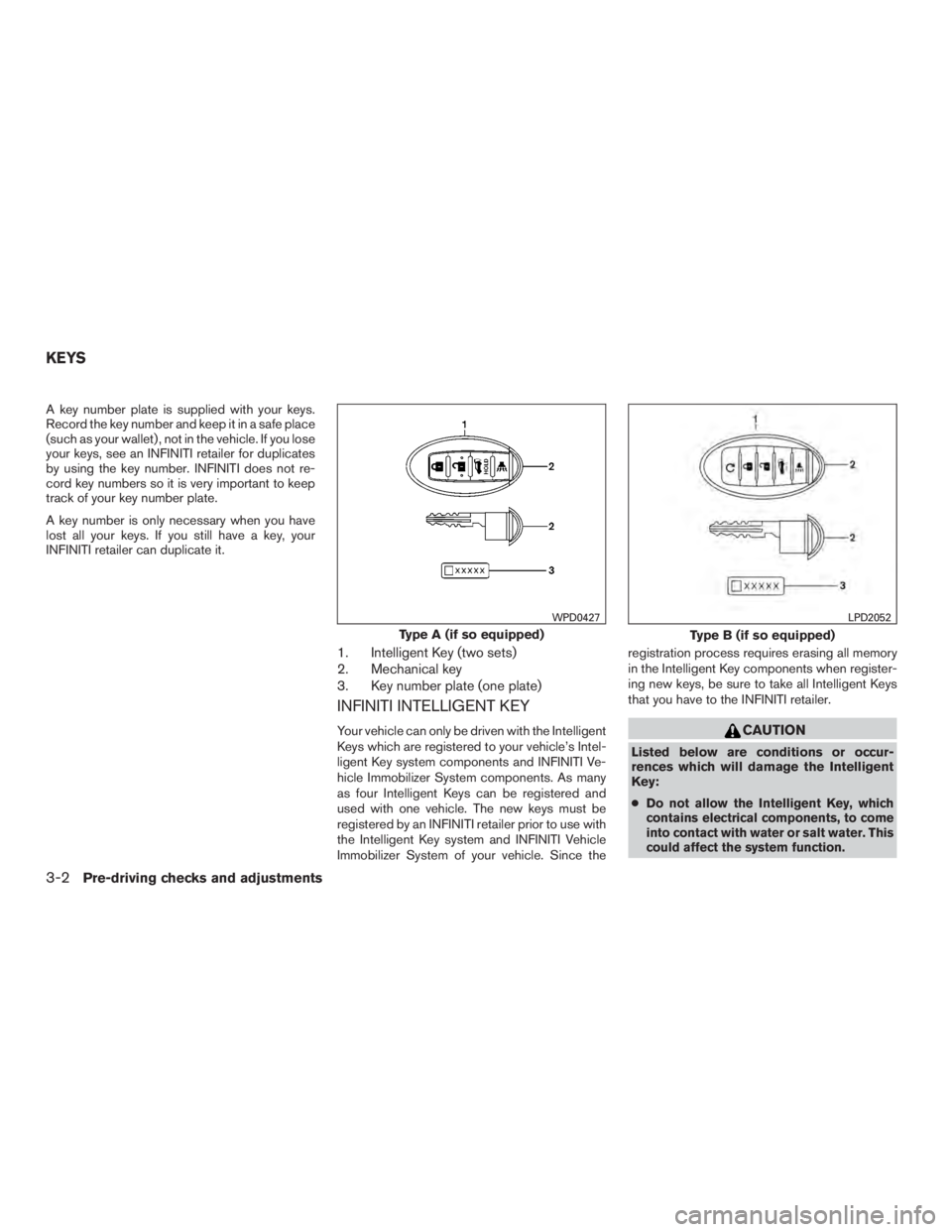 INFINITI QX60-HYBRID 2015  Owners Manual A key number plate is supplied with your keys.
Record the key number and keep it in a safe place
(such as your wallet) , not in the vehicle. If you lose
your keys, see an INFINITI retailer for duplica
