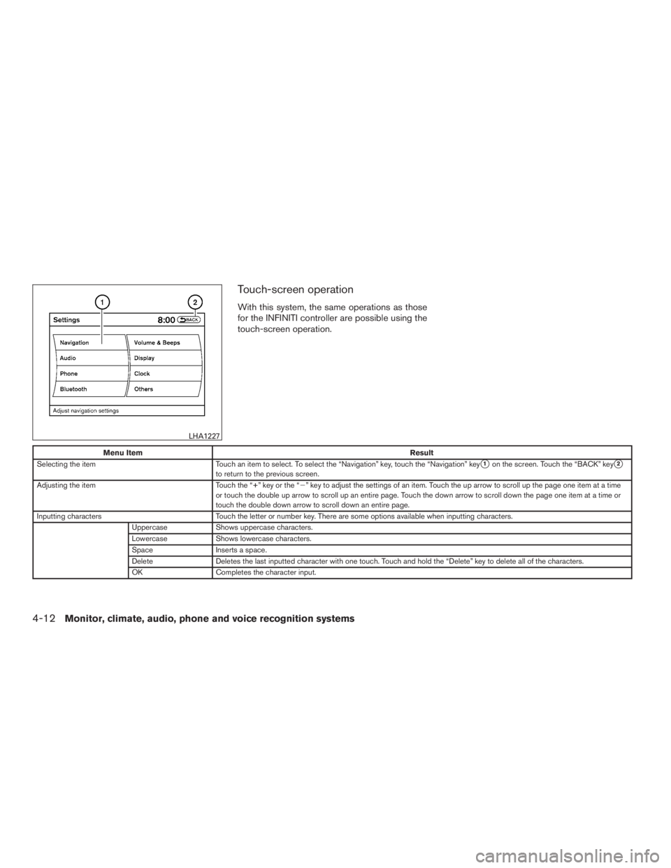 INFINITI QX60-HYBRID 2015  Owners Manual Touch-screen operation
With this system, the same operations as those
for the INFINITI controller are possible using the
touch-screen operation.
Menu ItemResult
Selecting the item Touch an item to sel