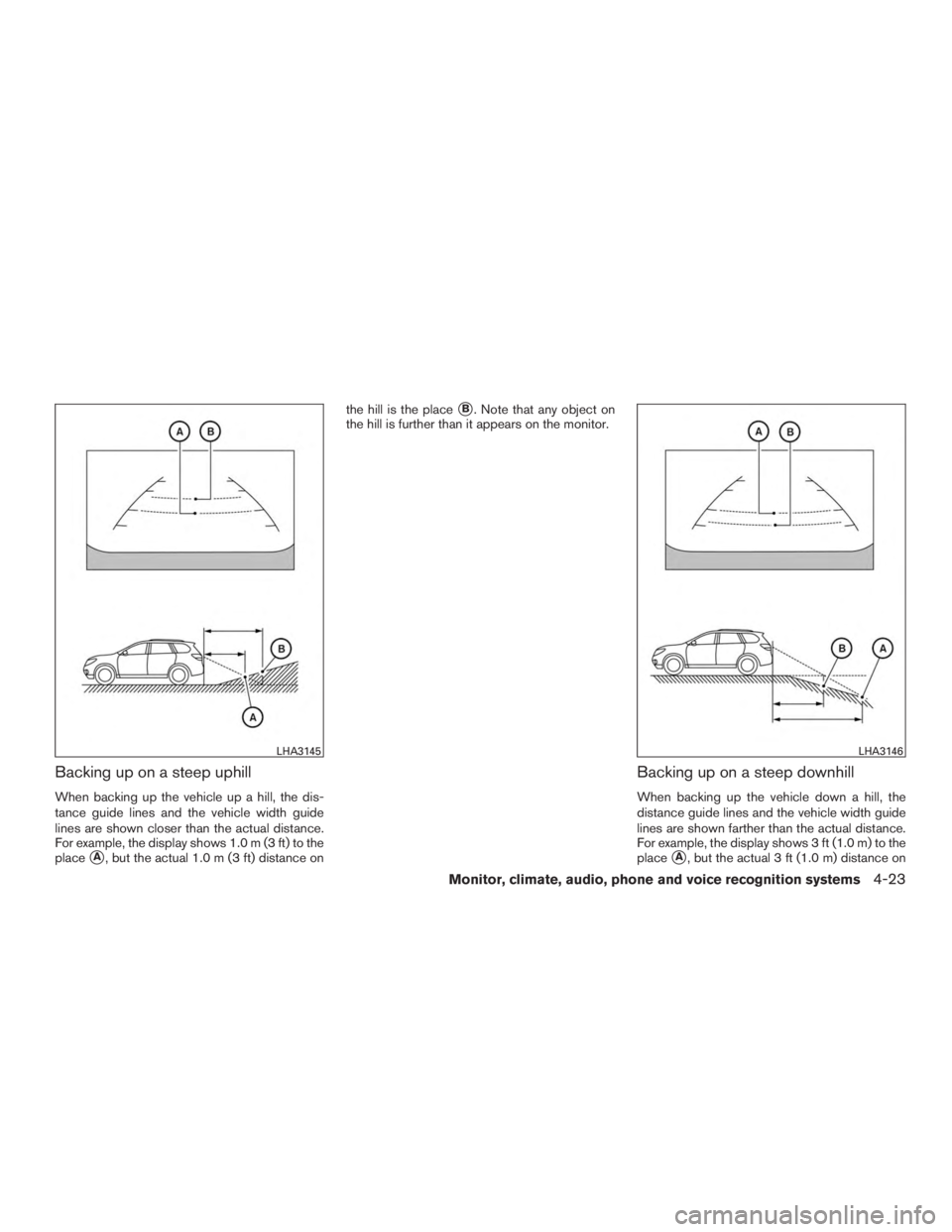 INFINITI QX60-HYBRID 2015  Owners Manual Backing up on a steep uphill
When backing up the vehicle up a hill, the dis-
tance guide lines and the vehicle width guide
lines are shown closer than the actual distance.
For example, the display sho