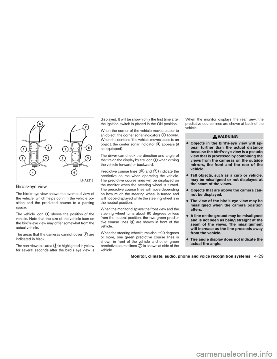 INFINITI QX60-HYBRID 2015  Owners Manual Bird’s-eye view
The bird’s-eye view shows the overhead view of
the vehicle, which helps confirm the vehicle po-
sition and the predicted course to a parking
space.
The vehicle icon
1shows the pos