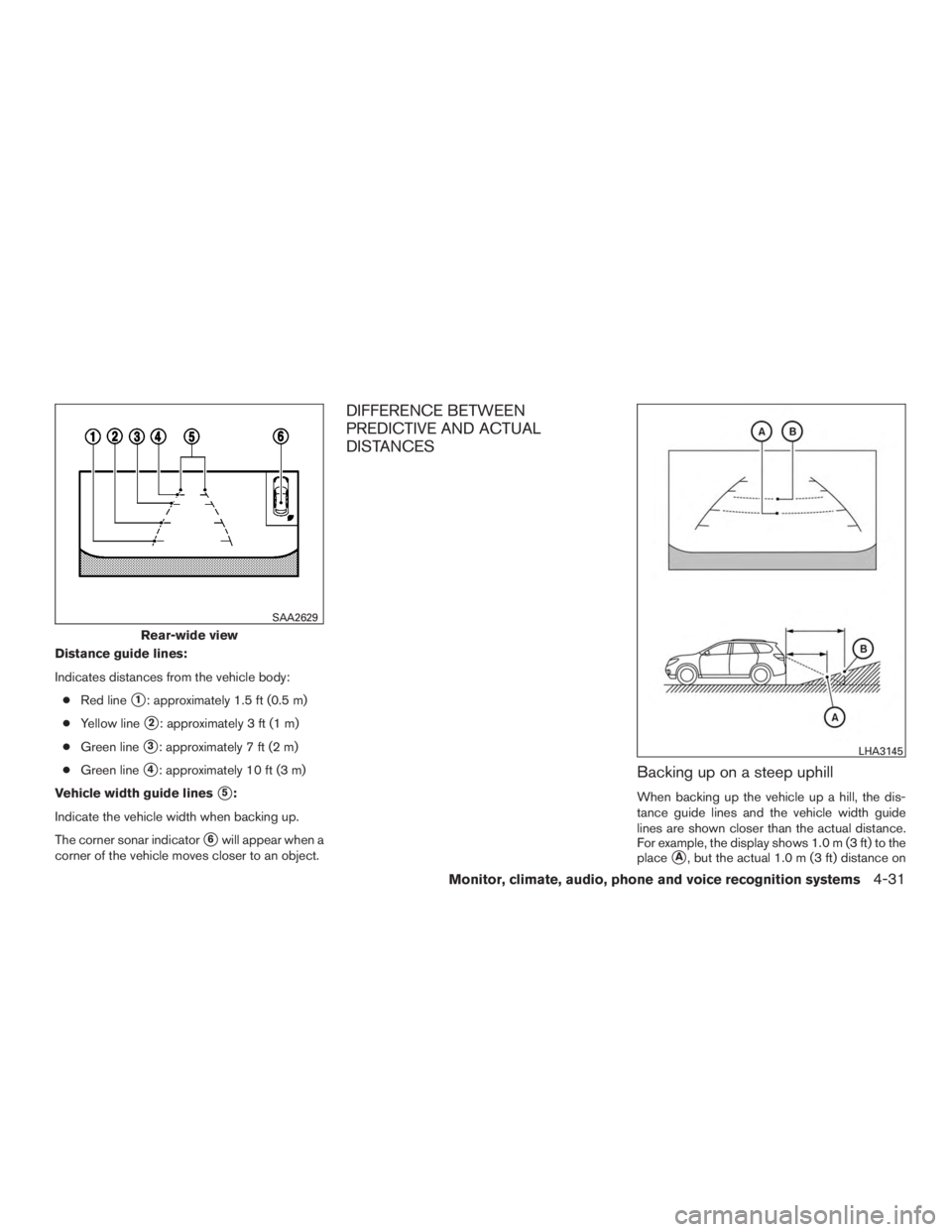 INFINITI QX60-HYBRID 2015  Owners Manual Distance guide lines:
Indicates distances from the vehicle body:● Red line
1: approximately 1.5 ft (0.5 m)
● Yellow line
2: approximately 3 ft (1 m)
● Green line
3: approximately 7 ft (2 m)
