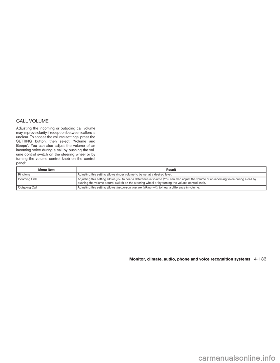 INFINITI QX60-HYBRID 2015  Owners Manual CALL VOLUME
Adjusting the incoming or outgoing call volume
may improve clarity if reception between callers is
unclear. To access the volume settings, press the
SETTING button, then select ”Volume a