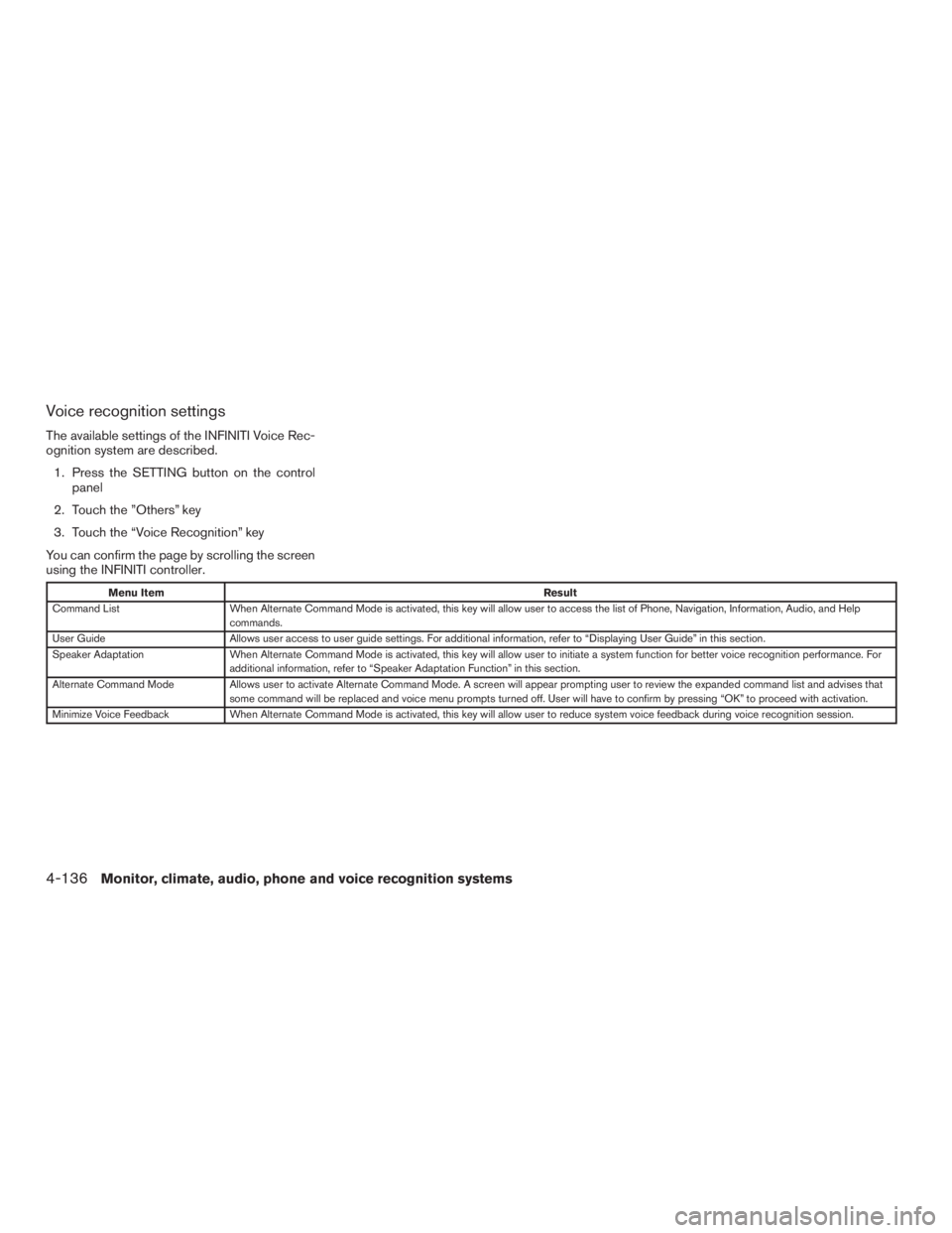 INFINITI QX60-HYBRID 2015  Owners Manual Voice recognition settings
The available settings of the INFINITI Voice Rec-
ognition system are described.1. Press the SETTING button on the control panel
2. Touch the ”Others” key
3. Touch the 