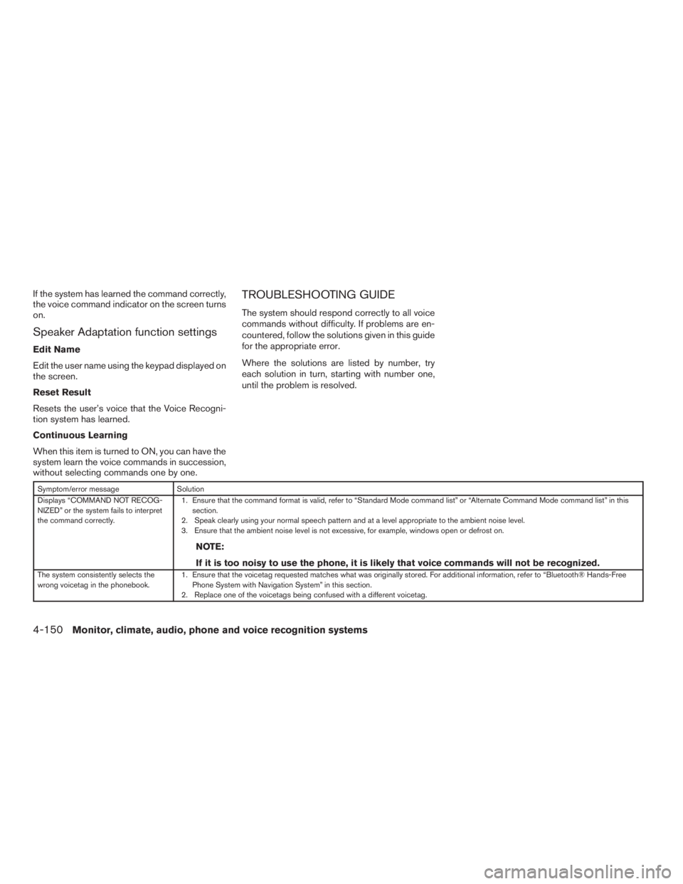 INFINITI QX60-HYBRID 2015 Owners Guide If the system has learned the command correctly,
the voice command indicator on the screen turns
on.
Speaker Adaptation function settings
Edit Name
Edit the user name using the keypad displayed on
the