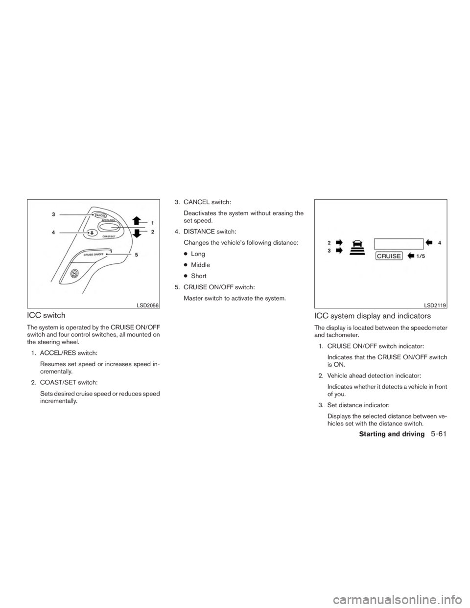 INFINITI QX60-HYBRID 2015  Owners Manual ICC switch
The system is operated by the CRUISE ON/OFF
switch and four control switches, all mounted on
the steering wheel.1. ACCEL/RES switch: Resumes set speed or increases speed in-
crementally.
2.