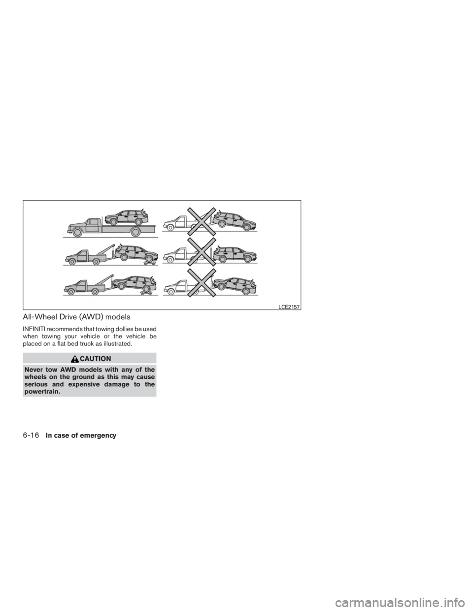 INFINITI QX60-HYBRID 2015 Owners Manual All-Wheel Drive (AWD) models
INFINITI recommends that towing dollies be used
when towing your vehicle or the vehicle be
placed on a flat bed truck as illustrated.
CAUTION
Never tow AWD models with any INFINITI QX60-HYBRID 2015 Owners Manual All-Wheel Drive (AWD) models
INFINITI recommends that towing dollies be used
when towing your vehicle or the vehicle be
placed on a flat bed truck as illustrated.
CAUTION
Never tow AWD models with any