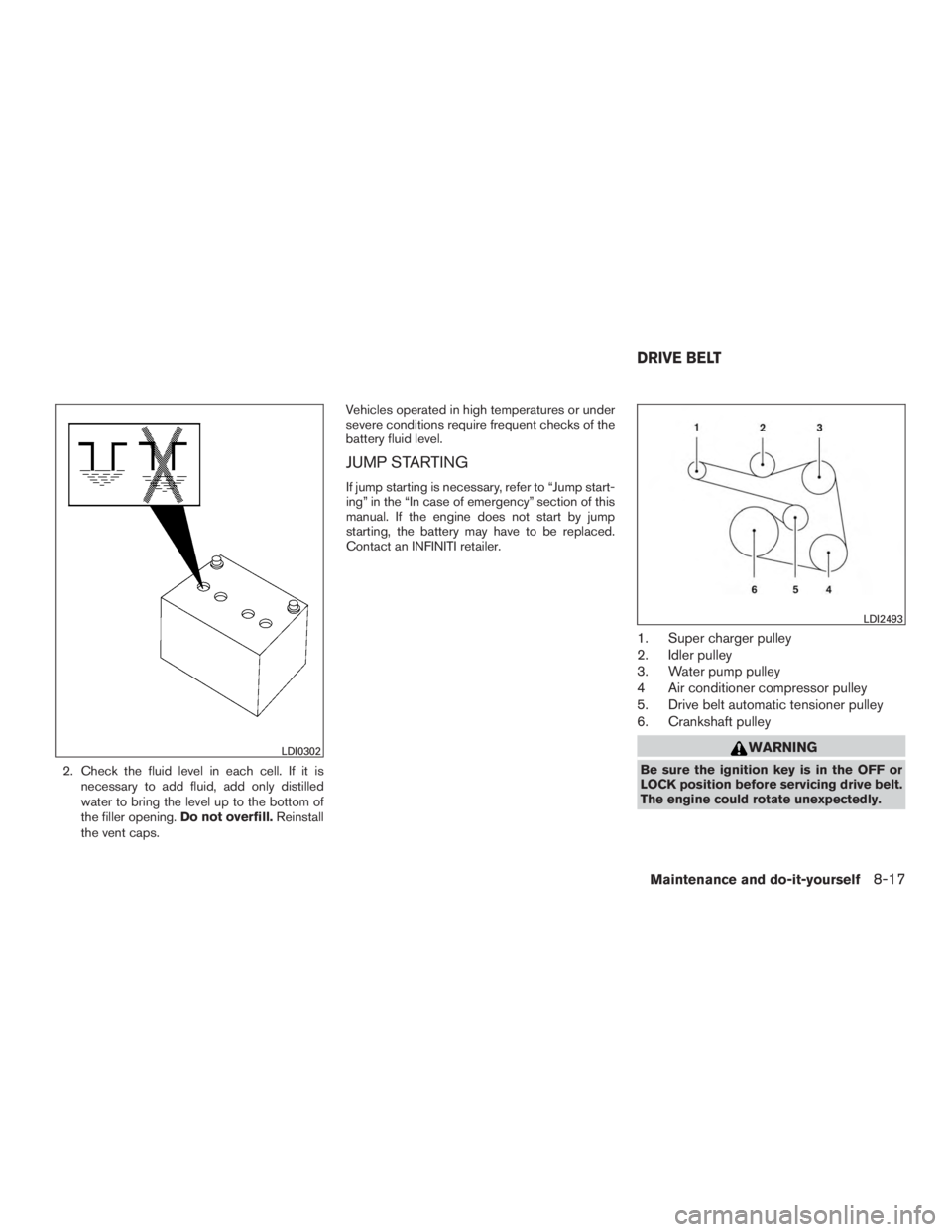 INFINITI QX60-HYBRID 2015 Repair Manual 2. Check the fluid level in each cell. If it isnecessary to add fluid, add only distilled
water to bring the level up to the bottom of
the filler opening. Do not overfill.Reinstall
the vent caps. Vehi
