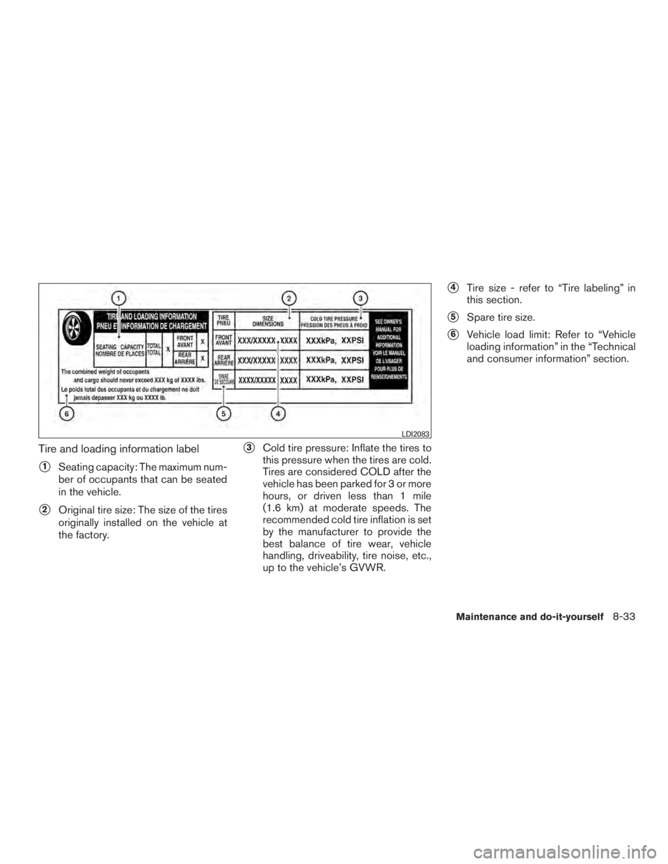 INFINITI QX60-HYBRID 2015  Owners Manual Tire and loading information label
1Seating capacity: The maximum num-
ber of occupants that can be seated
in the vehicle.
2Original tire size: The size of the tires
originally installed on the vehi