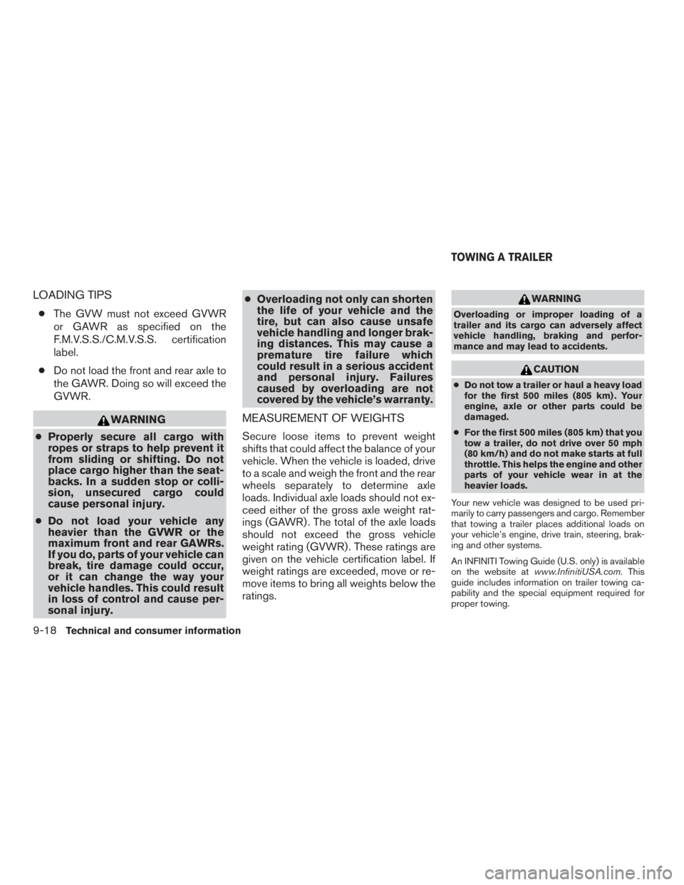 INFINITI QX60-HYBRID 2015 Owners Manual LOADING TIPS
●The GVW must not exceed GVWR
or GAWR as specified on the
F.M.V.S.S./C.M.V.S.S. certification
label.
● Do not load the front and rear axle to
the GAWR. Doing so will exceed the
GVWR.
INFINITI QX60-HYBRID 2015 Owners Manual LOADING TIPS
●The GVW must not exceed GVWR
or GAWR as specified on the
F.M.V.S.S./C.M.V.S.S. certification
label.
● Do not load the front and rear axle to
the GAWR. Doing so will exceed the
GVWR.
