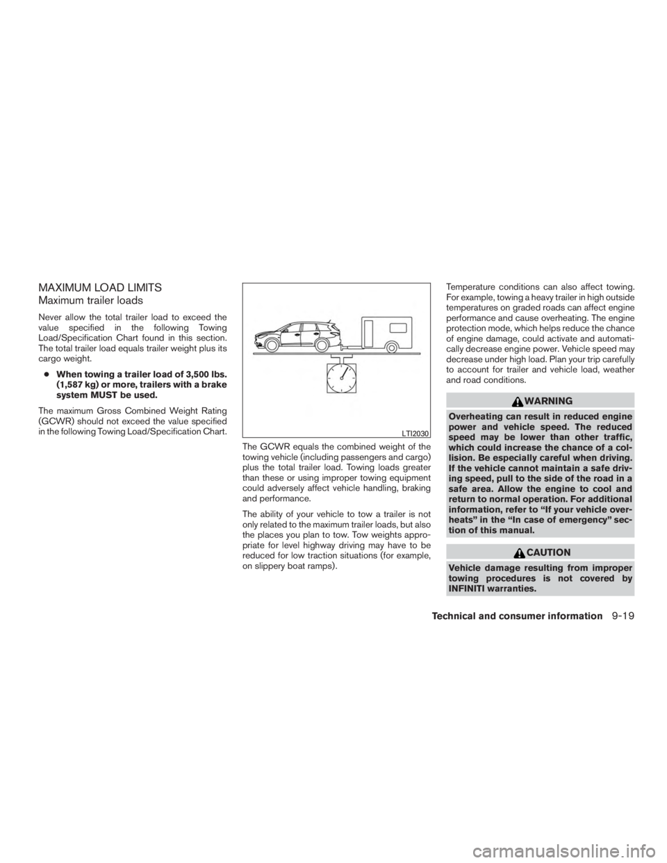 INFINITI QX60-HYBRID 2015 Owners Manual MAXIMUM LOAD LIMITS
Maximum trailer loads
Never allow the total trailer load to exceed the
value specified in the following Towing
Load/Specification Chart found in this section.
The total trailer loa INFINITI QX60-HYBRID 2015 Owners Manual MAXIMUM LOAD LIMITS
Maximum trailer loads
Never allow the total trailer load to exceed the
value specified in the following Towing
Load/Specification Chart found in this section.
The total trailer loa
