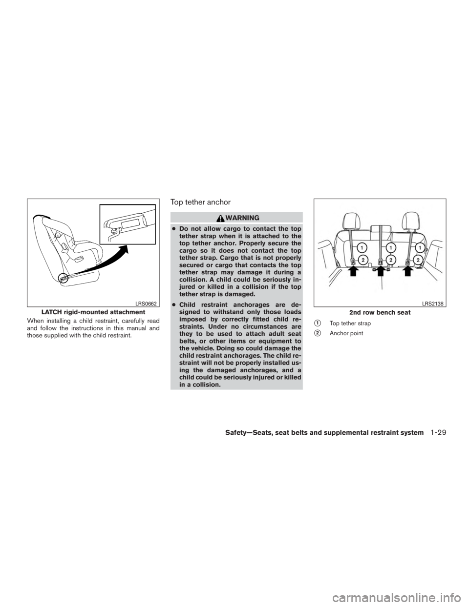 INFINITI QX60-HYBRID 2015 Repair Manual When installing a child restraint, carefully read
and follow the instructions in this manual and
those supplied with the child restraint.
Top tether anchor
WARNING
●Do not allow cargo to contact the
