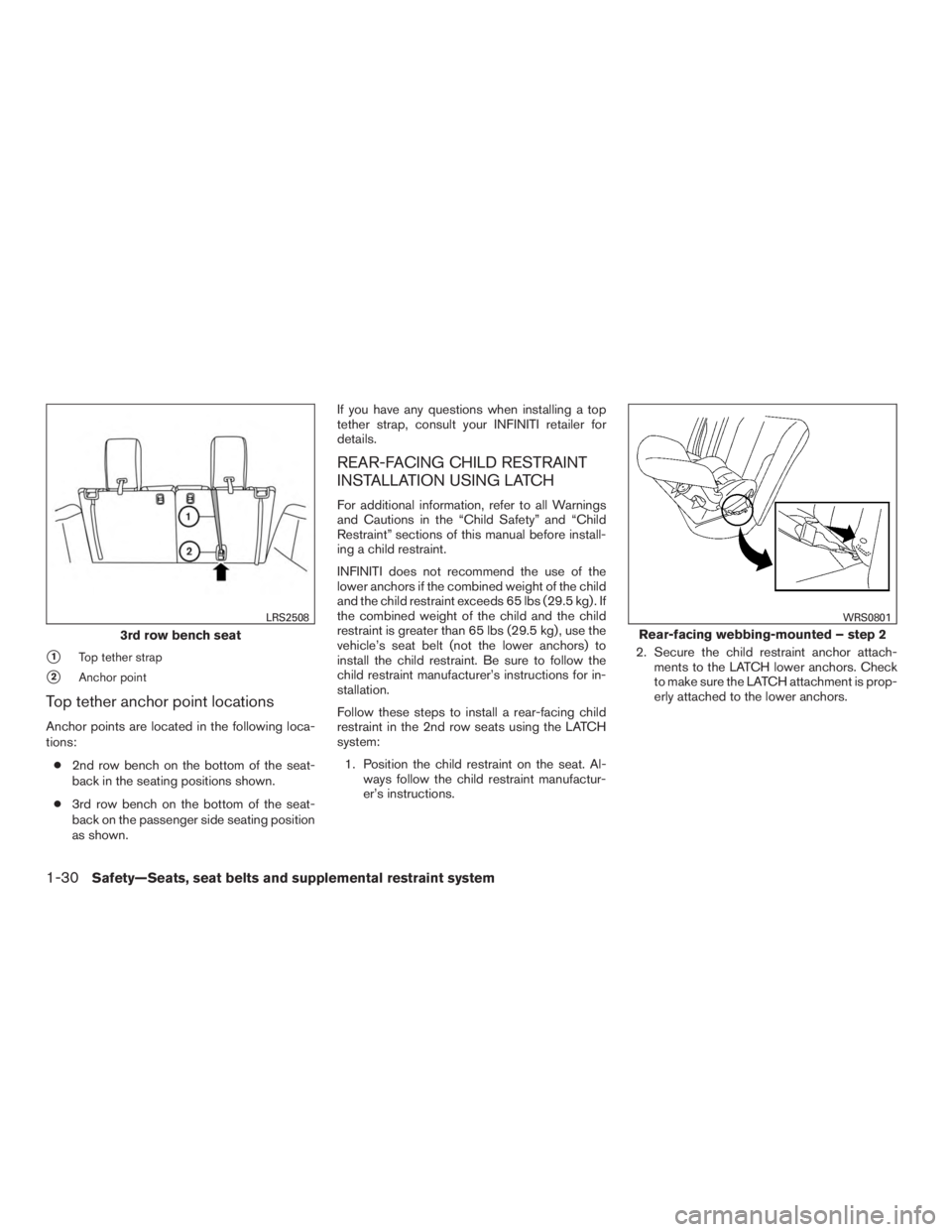 INFINITI QX60-HYBRID 2015 Repair Manual 1Top tether strap
2Anchor point
Top tether anchor point locations
Anchor points are located in the following loca-
tions:● 2nd row bench on the bottom of the seat-
back in the seating positions sh